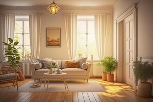 acogedor moderno estilo vivo habitación con luz de sol brilla dentro el habitación. minimalismo interior diseño 3d prestar. generativo ai. foto