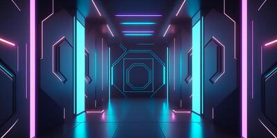 Spectacular gaming room interior, gaming pc, gaming desk, game setup room,  tv, desk for five People, futuristic, LED lights, cyberpunk color.  Generative AI 23342827 Stock Photo at Vecteezy