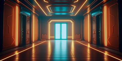 Futuristic sci fi neon light glowing inside spaceship tunnel room stage hall. illustration. photo