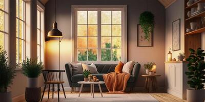 Cozy modern style living room with sunlight shines into the room. Minimalism interior design 3D render. . photo
