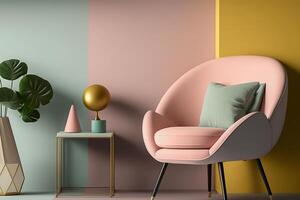 Modern wooden living room armchair on empty pastel wall background. Minimalist interior design. . photo