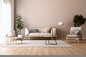 Blank wall mockup frame inside cozy modern living room with a wooden floor. . photo