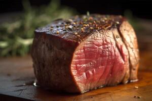 Raw Organic Beef Filet Mignon over a wooden counter on dark background. photo