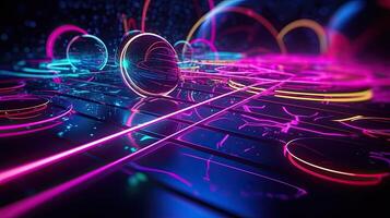 Digital futuristic ultraviolet wallpaper, abstract neon background, pink blue glowing lines and bokeh lights, Illustration photo