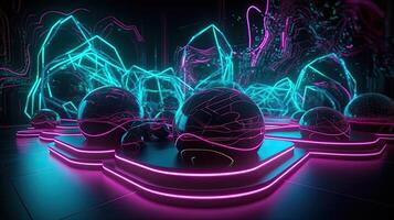 Digital futuristic ultraviolet wallpaper, abstract neon background, pink blue glowing lines and bokeh lights, Illustration photo