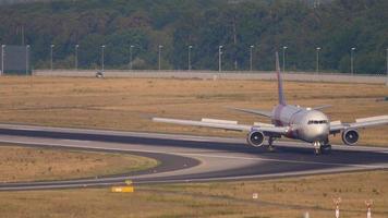 FRANKFURT AM MAIN, GERMANY JULY 19, 2017 - Delta Airlines Boeing 767 Breast Cancer Research Foundation livery N845MH taxiing after landing at 07L. Fraport, Frankfurt, Germany video