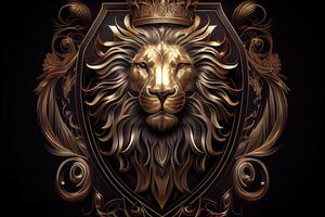 Golden Lion Head with Crown in Decorative Shield on Black Background. . Digital Art Illustration photo