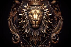 Golden Lion Head with Crown in Decorative Shield on Black Background. . Digital Art Illustration photo