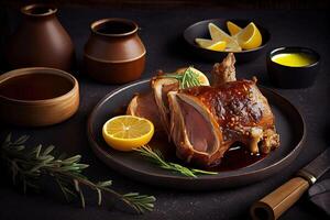 Delicious Homemade Roasted Pork Knuckle with Mustard on a Plate. . Digital Art Illustration photo