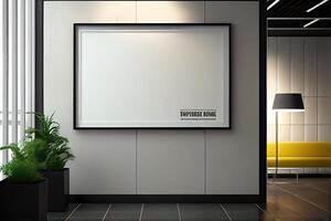 vacío publicidad cartelera marco en oficina vestíbulo para burlarse de arriba diseño. generativo ai. digital Arte ilustración foto