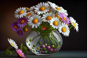 Colorful chamomile flowers in a flower vase. . Digital Art Illustration photo