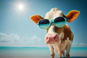 Funny cow with sunglasses, sky blue background. . Digital Art Illustration photo