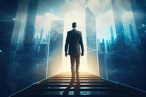 Businessman walking on virtual reality Journey to a Futuristic Smart City with Cyber Network Connection. . Digital Art Illustration photo