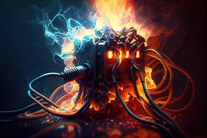 Burning computer power cables. . Digital Art Illustration photo