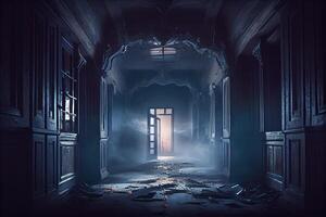 Exploring the Spooky Corridors of an Abandoned Haunted House. Supernatural Fog and Rubble, Generative AI. Digital Art Illustration photo