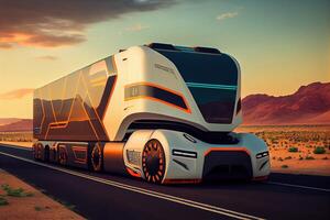 Driverless autonomous truck on the road. . Digital Art Illustration photo