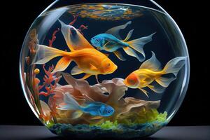 Colorful Fish Swimming In Fishbowl, Beautiful fish in round glass aquarium. . Digital Art Illustration photo