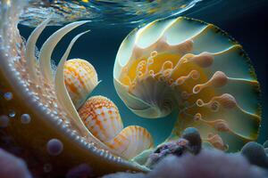 Close Up Of Seashells Underwater. . Digital Art Illustration photo