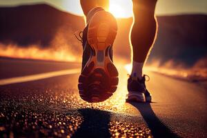 Close Up of a Runners athlete Feet in Action under the Morning Sunlight on the road. . Digital Art Illustration photo