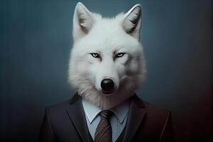 retrato de un blanco lobo vestido en un formal negocio traje, generativo ai. digital Arte ilustración foto