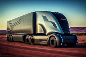 Driverless autonomous truck on the road. . Digital Art Illustration photo