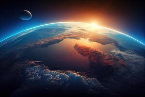Sunrise over the Curvature of the Planet Earth. Generative AI. Digital Art Illustration photo