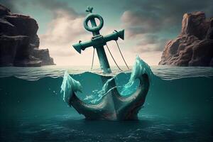 Anchor falls into the water in the turquoise ocean, . Digital Art Illustration photo