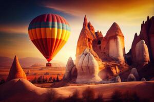 Sunrise Landscape in Cappadocia. Colorful hot air balloon fly in sky with sunlight. . Digital Art Illustration photo