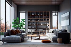 Modern Living Room Interior with grey sofas, Window and Shelving Unit. . Digital Art Illustration photo