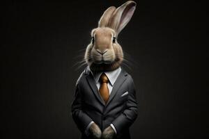 brown rabbit bunny businessman in a formal suit on a dark background photo