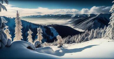 invierno panorama Nevado montañas, nevadas picos - ai generado imagen foto