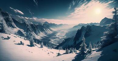 invierno panorama Nevado montañas, nevadas picos - ai generado imagen foto