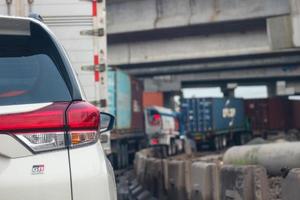 Close up photo of a back lamp of car that stuck in a traffic jam on the highway,