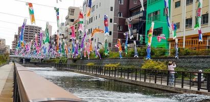 tokio, Japón en abril 2019. varios koinobori son visto siendo instalado a lo largo un río en tokio cerca a el tokio sktree. foto