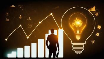 a silhouette Businessman holding creative light bulb with growth graph. photo
