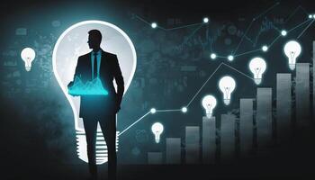 a silhouette Businessman holding creative light bulb with growth graph. photo