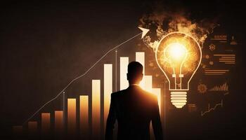 a silhouette Businessman holding creative light bulb with growth graph. photo