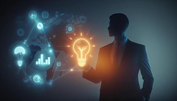 a silhouette Businessman holding creative light bulb with growth graph. photo