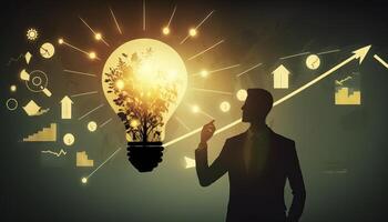 a silhouette Businessman holding creative light bulb with growth graph. photo