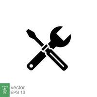 Maintenance icon. Wrench and screwdriver crossed construction tools, fix, repair concept. Simple solid style. Black silhouette, glyph symbol. Vector illustration isolated on white background. EPS 10.