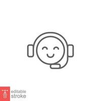 Call center operator icon. Happy operator, hotline service support in headset concept. Simple outline style. Thin line symbol. Vector illustration isolated on white background. Editable stroke EPS 10.