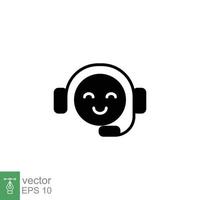 Call center operator icon. Happy operator, hotline service support in headset concept. Simple solid style. Black silhouette, glyph symbol. Vector illustration isolated on white background. EPS 10.