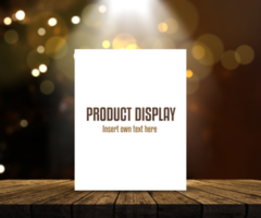 Editable product display background with blank picture on wooden table against bokeh lights psd