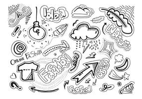 Hand drawn doodle creative arts such as clouds, t-shirts, bulb, arrows, leaves, mountains. Design illustration for design elements. vector