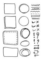 Doodle vector lines and curves.Hand drawn check and arrows signs. Set of simple doodle lines, curves, frames and spots. Collection of pencil effects. Doodle border. Simple doodle set.