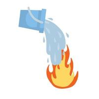 Bucket pours water on fire. Firefighting and spilling with spray. Flat cartoon illustration isolated on white background vector