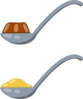 Large metal spoon with yellow liquid. Set of ladles. Green drops. Food preparation. Element of kitchen and tableware. Cartoon flat illustration vector