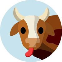 Cow. Head of horned animal. Icon of Cattle and farm. Funny bull. Village element. Countryside logo. Cartoon flat illustration vector