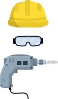 Clothing and tools the worker and the Builder. Yellow uniform, drill, goggles and helmet. industrial safety. Kit items and objects. Type of profession. Cartoon flat illustration vector