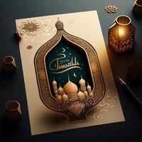 contento eid Mubarak deseos Ramadán Mubarak en Arábica y urdu eid imágenes para musulmán ai generado foto